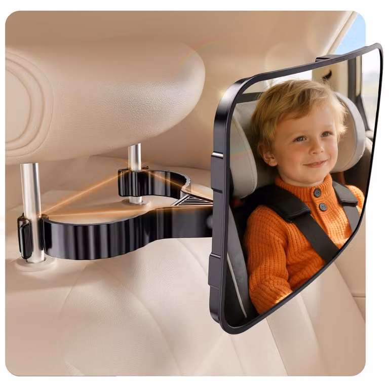 Specchio per bambini da auto, da montare sul sedile posteriore, regolabile a 360°, con gancio antischeggia e clip, colore nero
