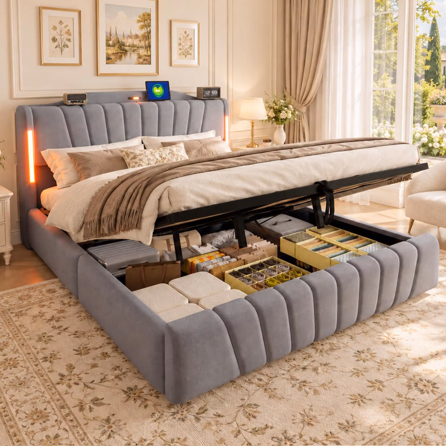Letto imbottito 180x200 cm con spazio contenitore a sollevamento idraulico, testiera Smart-LED con porte USB e Type-C, luce notturna, rivestimento in velluto e struttura del piede del letto rialzata