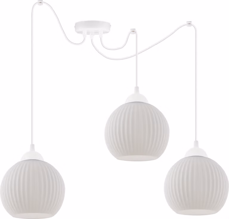 Lampada a sospensione Spider Riffle bianca a 3 luci con paralumi a sfera bianchi E27