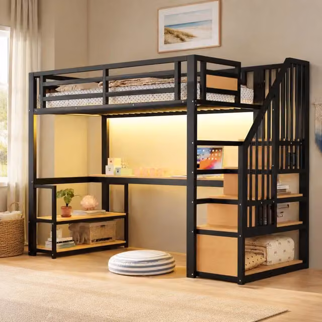 Letto a soppalco in metallo 90x200 cm con scrivania, scaffali e scala contenitore nero