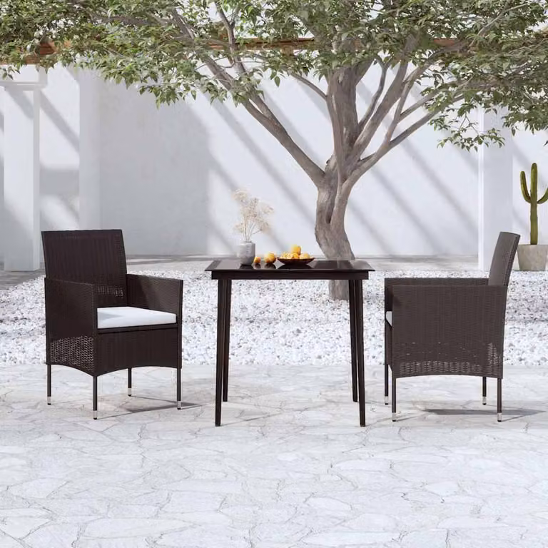 Set da pranzo da giardino vidaXL in polyrattan nero con tavolo in vetro e 3 sedie con cuscini