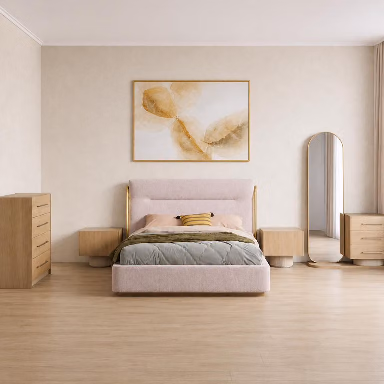 Set moderno per camera da letto, composto da: letto imbottito, 2 comodini e 2 cassettiere