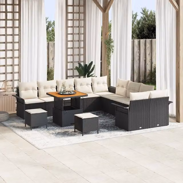 Set Divano da Giardino Moderno vidaXL in Polyrattan Nero con Legno di Acacia 13 Pezzi