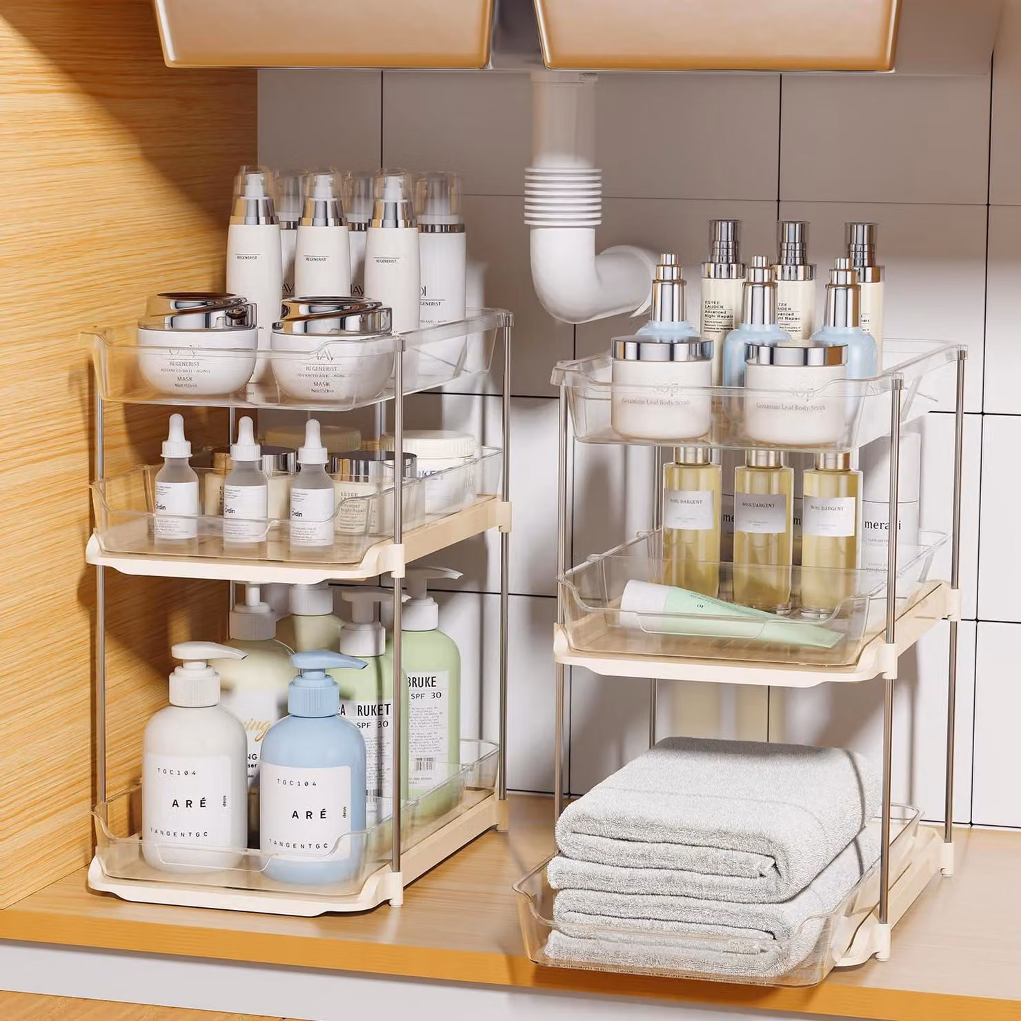 Organizzatore per lavello a 3 ripiani, estensibile, color beige, in acciaio inossidabile SUS304 e acrilico