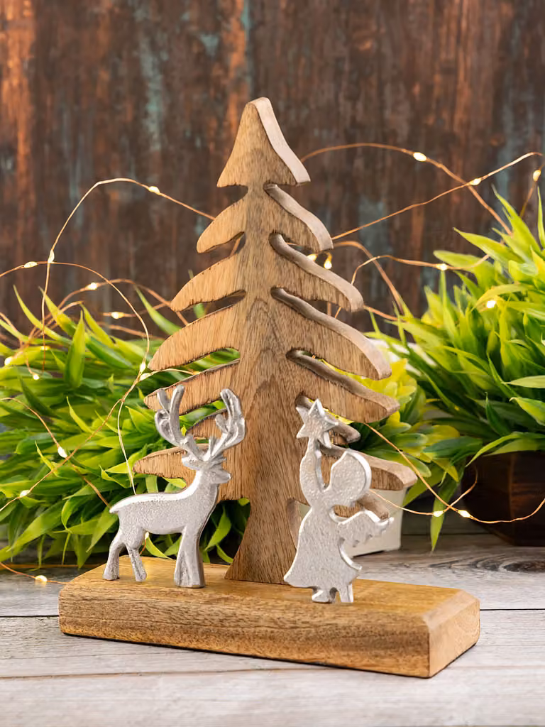 Albero di Natale in legno con cervo e angelo Decorazione natalizia in legno di mango alluminio