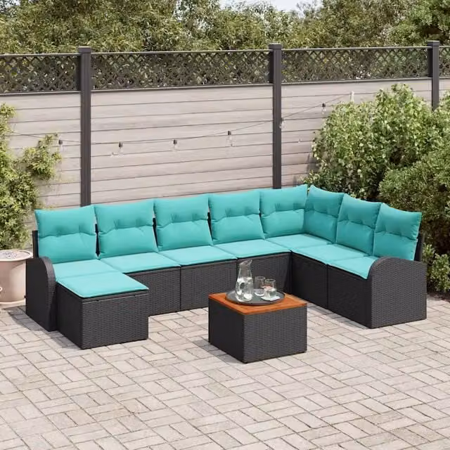 Set Divano da Giardino 9 pz Nero e Turchese polyrattan 3356289