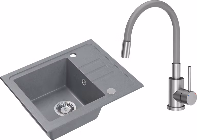 VBChome Lavello in granito grigio con rubinetto 55 x 44 cm Lavello da incasso a vasca singola Maculato Reversibile Lavello in granito Sifone Rubinetto per lavabo Grigio