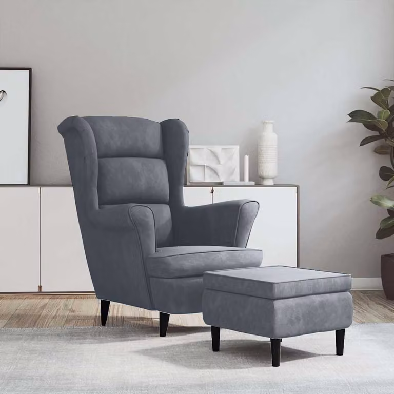 vidaXL Poltrona Schienale ad Ala con Poggiapiedi in Velluto Grigio con Struttura in Legno L: 96,5 cm, P: 78,0 cm, H: 90,0 cm