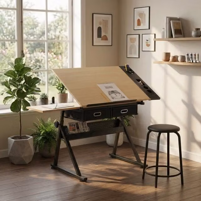 Tavolo da disegno regolabile e inclinabile in MDF e metallo acero