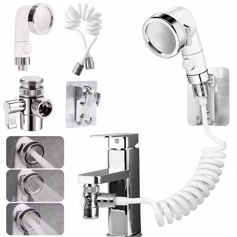 Doccia con flessibile, soffione manuale, rubinetto del lavandino, soffione, colore bianco, lunghezza del flessibile 1,5 metri