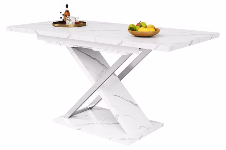 Tavolo da pranzo allungabile, dimensioni 118-157 x 75 cm, piano in MDF con motivo marmorizzato, gambe a croce