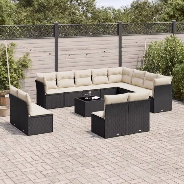 Set di Divani da Giardino VIDAXL a Forma di U in Polyrattan Nero con 13 Pezzi e Cuscini Inclusi – 1