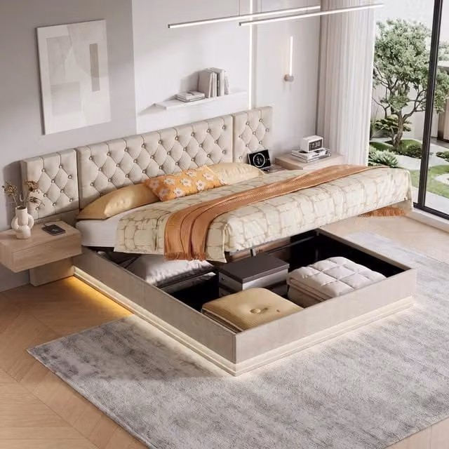 Letto matrimoniale 160x200 cm con contenitore LED USB ricarica wireless testiera con mensole rete a doghe legno metallo lino - beige