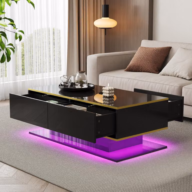 Tavolino LED lucido Merax con decori dorati, tavolo da soggiorno con 3 cassetti e 1 ripiano aperto, tavolo da pranzo con strisce decorative dorate, nero