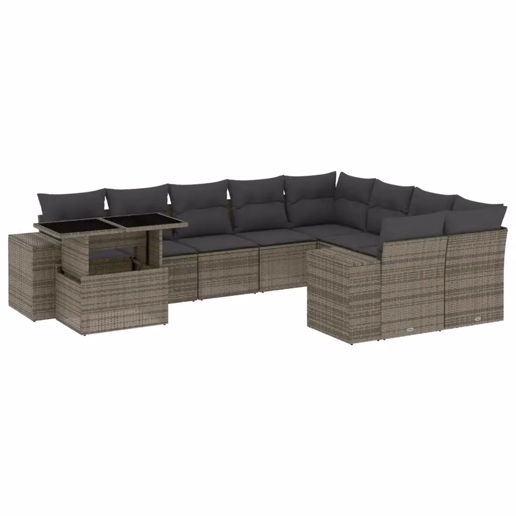 vidaXL Set Divano da Giardino 10 pz in Polyrattan Grigio con Cuscini e Tavolino – 2