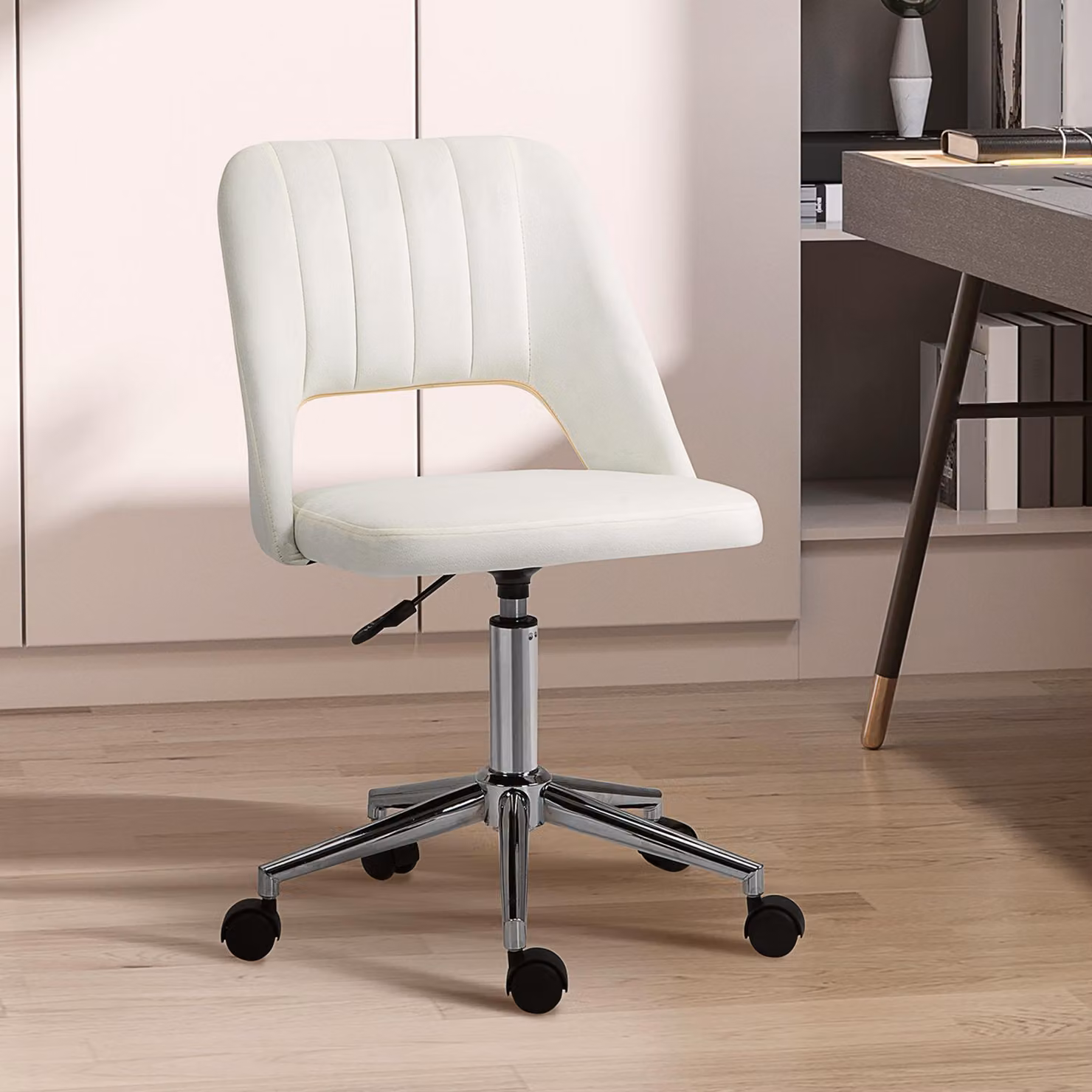sedia da ufficio girevole okwish sedia da ufficio girevole con ruote a 360° e sedile girevole, sgabello cosmetico sedia da ufficio girevole con schienale e design con cuciture, beige