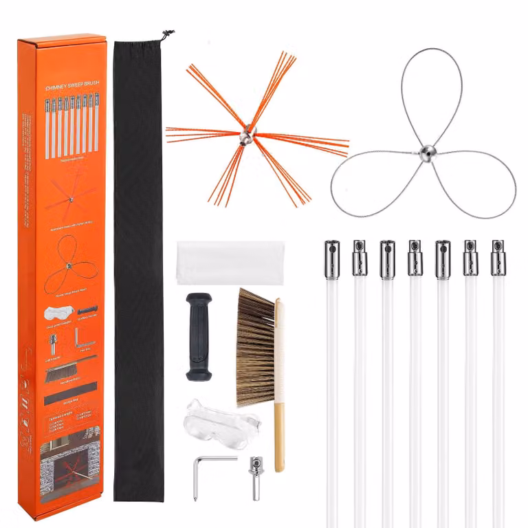 Set di spazzole per camini - Set per la pulizia dei camini - Lunghezza fino a 7 m - Aste flessibili - 2 testine - Per camini quadrati e rettangolari - Per tubi di stufe