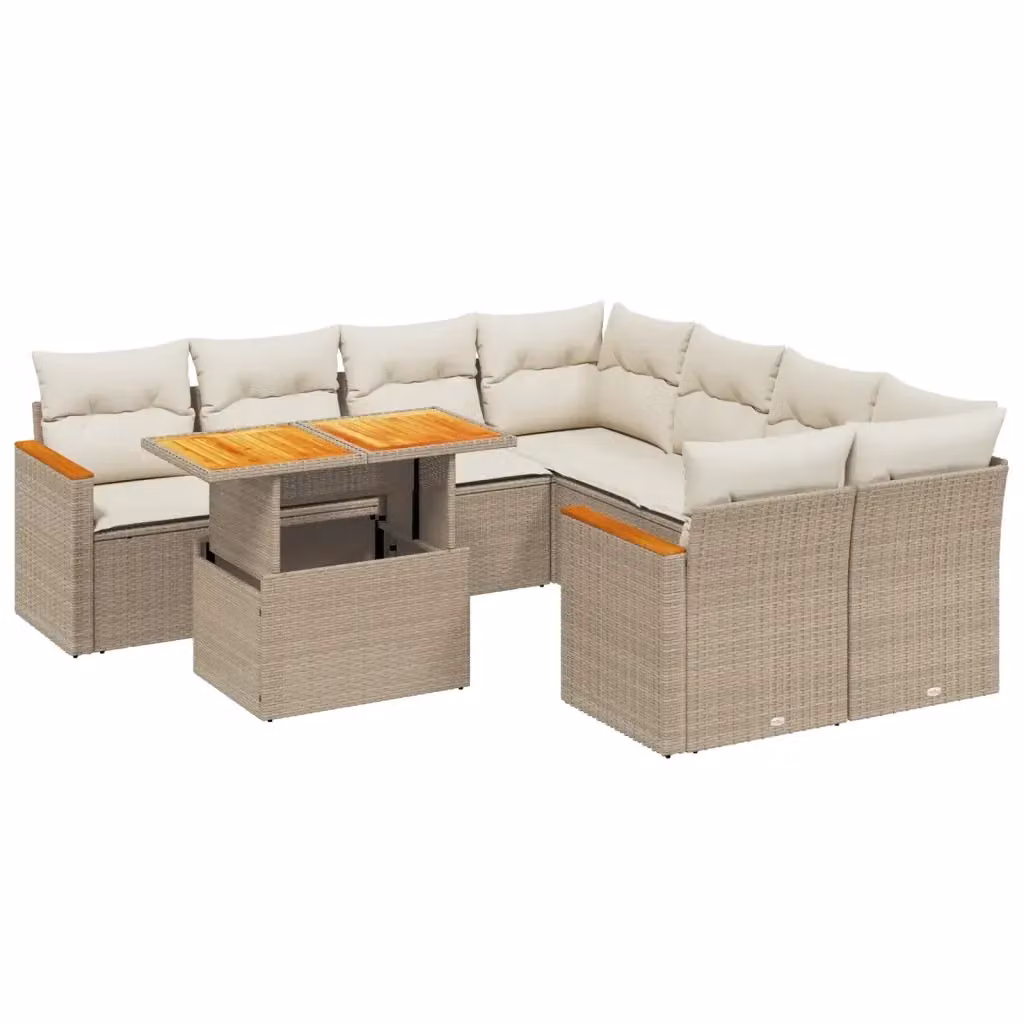 vidaXL Set Divano da Giardino a L 9 pz con Cuscini Beige e Tavolino, Design Moderno in Polyrattan e Legno di Acacia – 2