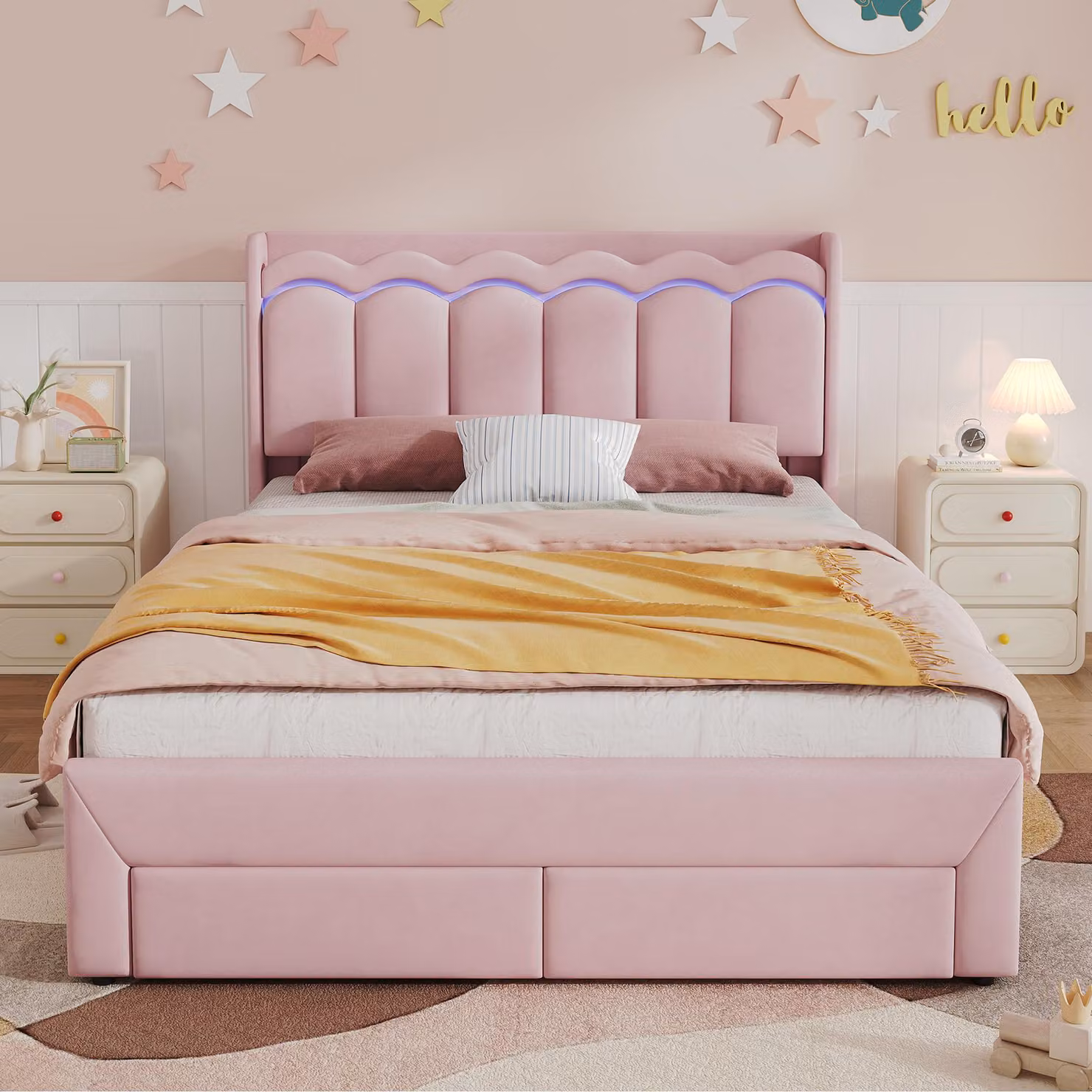 Letto imbottito okwish 140x200 con luci LED controllabili tramite app, 2 cassetti, letto per bambini con superficie di appoggio e testiera a forma di onda, rosa, senza materasso