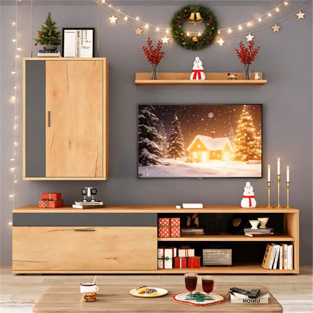 Set TV 3 pz 140x35x39 cm, mobile con mensola a terra e a parete, colore legno e nero