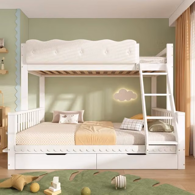 Letto a castello 90x200 sopra e 140x200 sotto in legno bianco con cassetti e scala inclinata