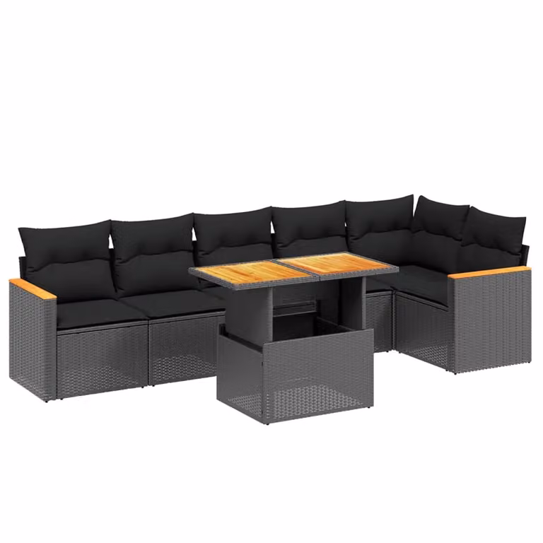 Set Divani da Giardino con Cuscini 7pz Nero Polyrattan