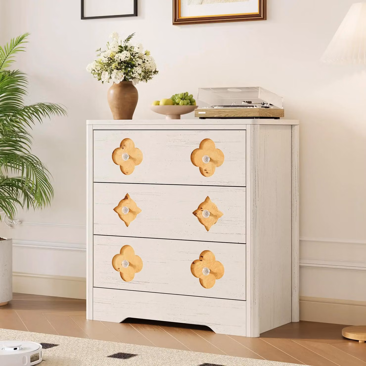 Comodino con 3 cassetti - Mobile contenitore in legno dal design moderno - Motivo floreale delicato - Spazio di stoccaggio pratico - Arredamento per soggiorno - 80 x 40 x 77 cm - Bianco