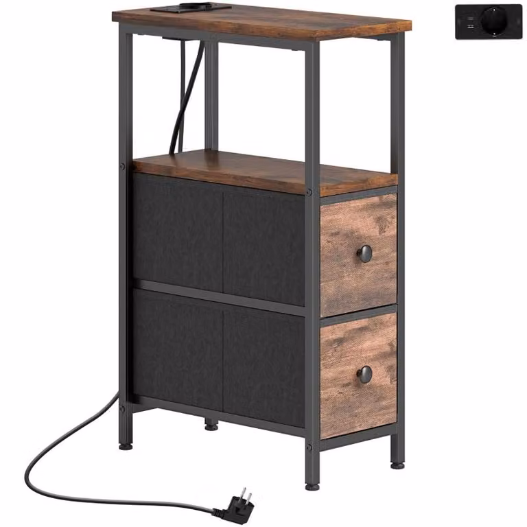 Tavolino laterale Moonbite, dimensioni 20 x 40 x 63 cm. Dotato di stazione di ricarica, presa di corrente, porte USB e USB-C, 2 cassetti in tessuto, ripiani, struttura in acciaio, stile industriale, colore marrone rustico