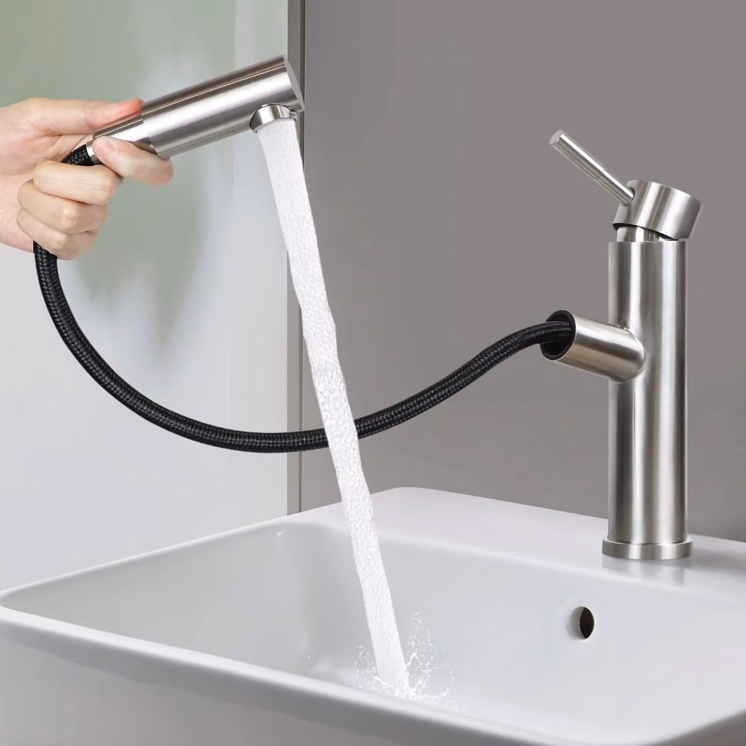 ZMH Rubinetto bagno lavabo rubinetto lavabo - Rubinetti estraibili con miscelatore doccia estraibile rubinetto acqua fredda alta pressione rubinetto bagno tirante, nichel spazzolato