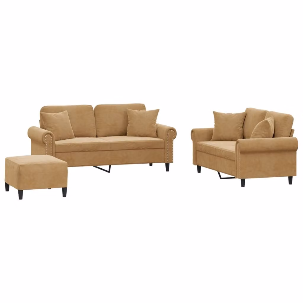 set divano 3 pezzi con cuscini in velluto marrone