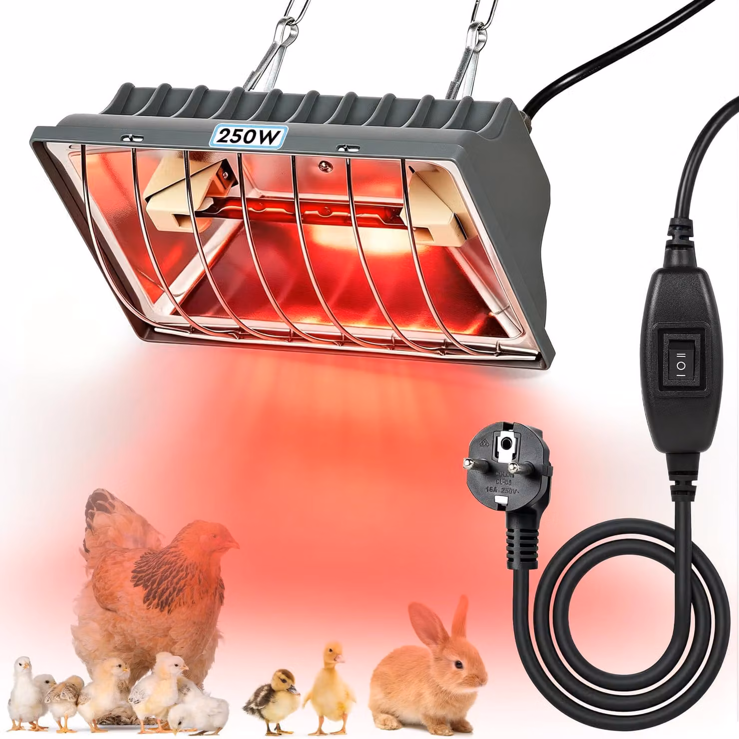 Lampada riscaldante per pollaio, 250W, dimensioni 14x8x20 cm (nera)