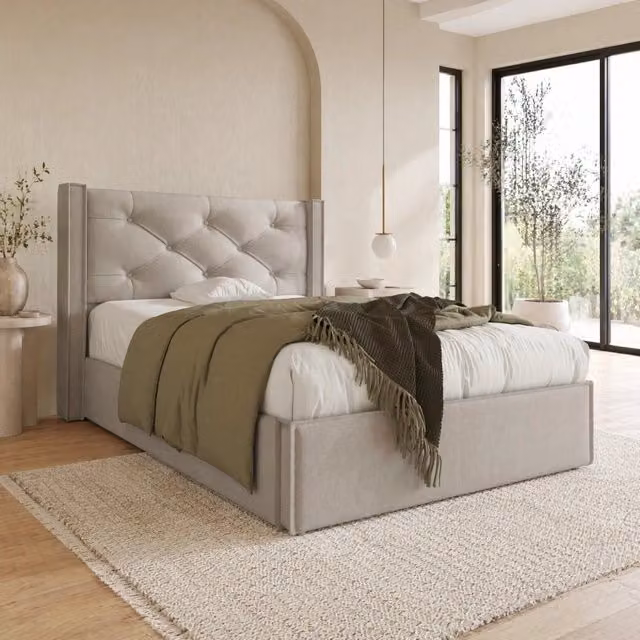 Letto imbottito 90x200 cm con contenitore e rete sollevabile; grigio chiaro
