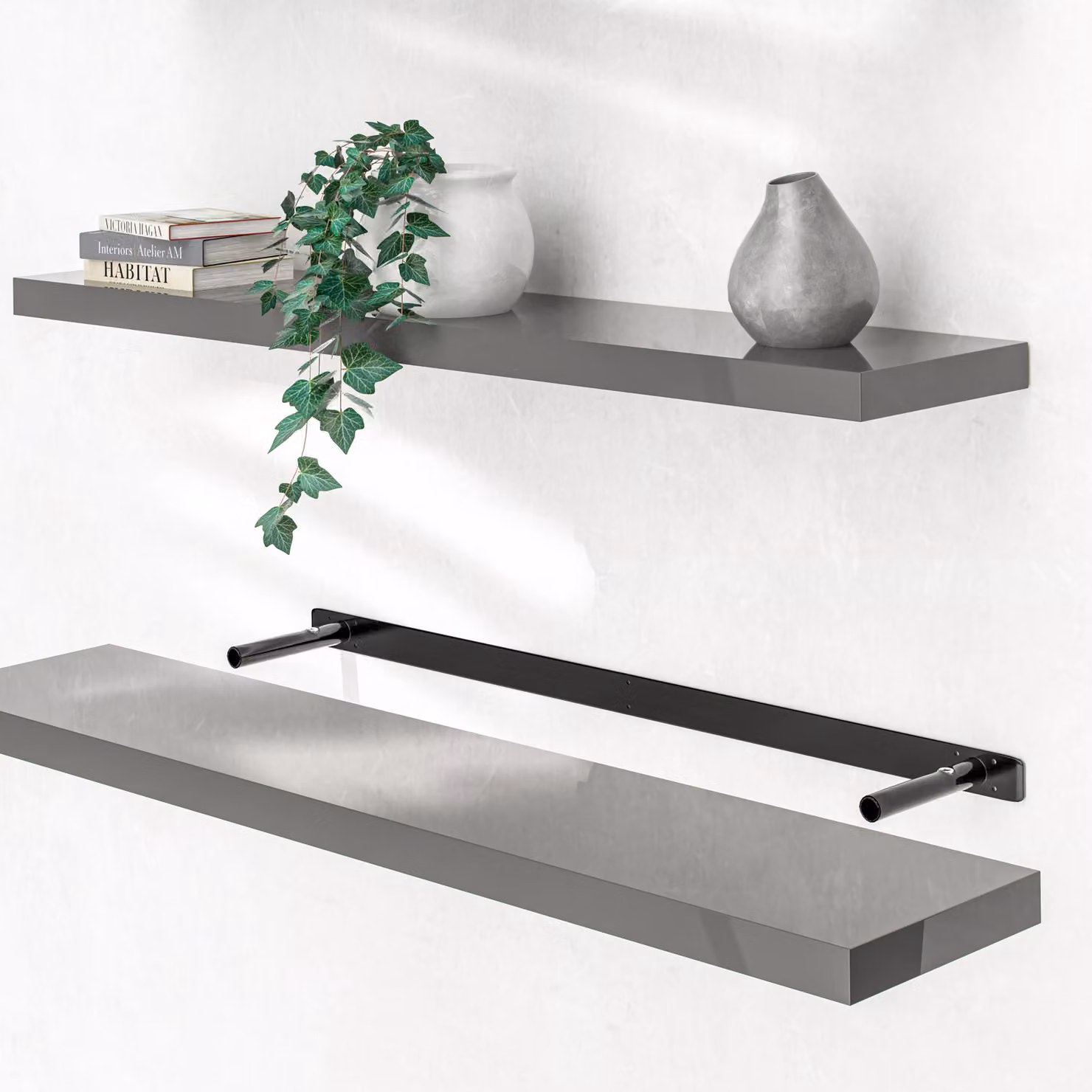 Set di 3 Scaffali Sospesi CASARIA in MDF Grigio Lucido con Staffe – 2