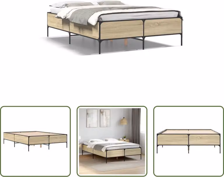 The Living Store Struttura per letto in rovere Sonoma 150x200 cm Materiale a base di legno e metallo