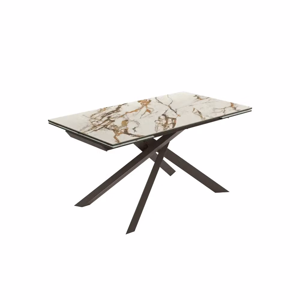 Tavolo da pranzo allungabile Hover Duzzle in ceramica effetto marmo calacatta e vetro, colore bianco e bronzo, L: 160-240 cm, P: 90 cm, H: 76 cm – 2