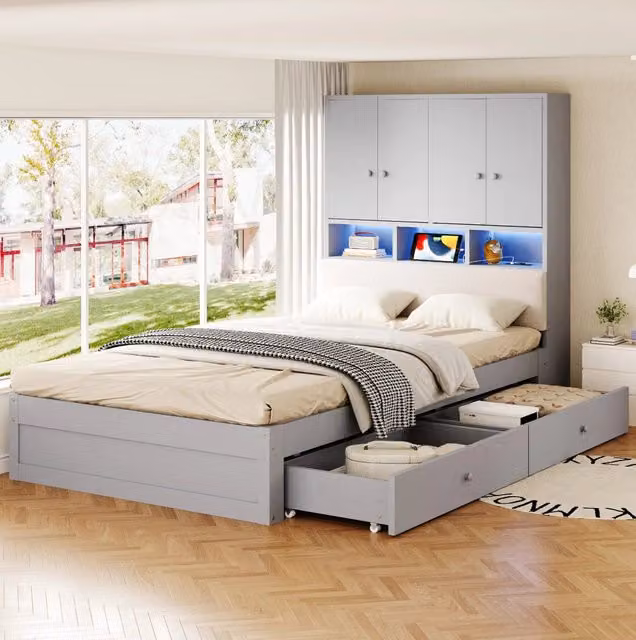 Letto singolo 90x200 cm in legno grigio con contenitore, salvaspazio– , senza materasso