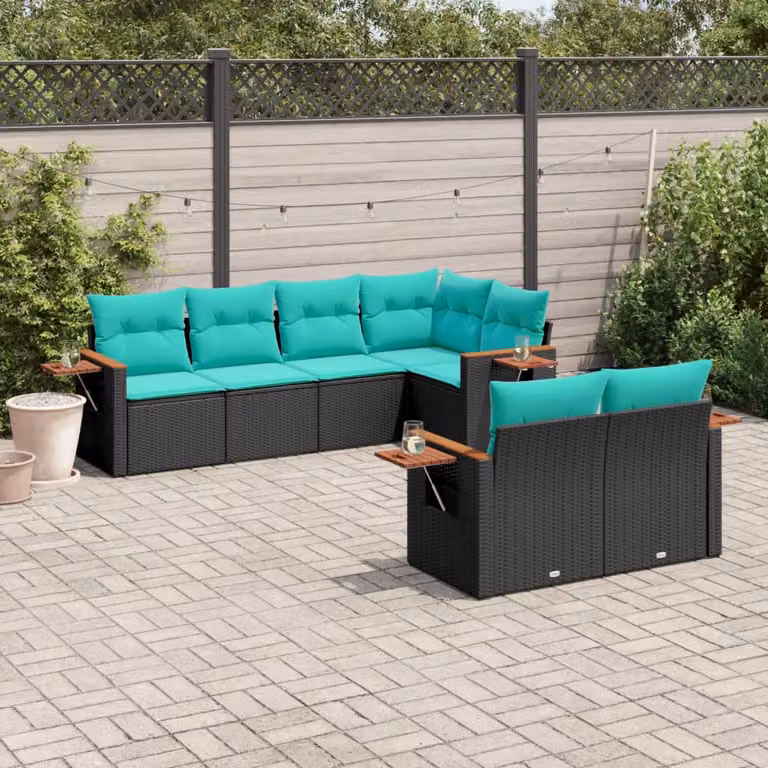 Set di divani da giardino vidaXL a forma di L composto da 7 pezzi con cuscini, tavolo da caffè e sedute in polyrattan nero con struttura in acciaio e legno di acacia