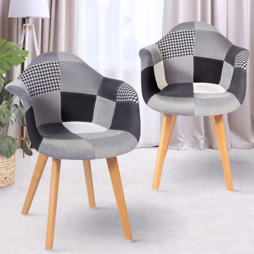 Set di 2 sedie da pranzo scandinave SARA IDMarket con motivo geometrico patchwork nero, grigio e bianco in tessuto e legno di faggio – 2