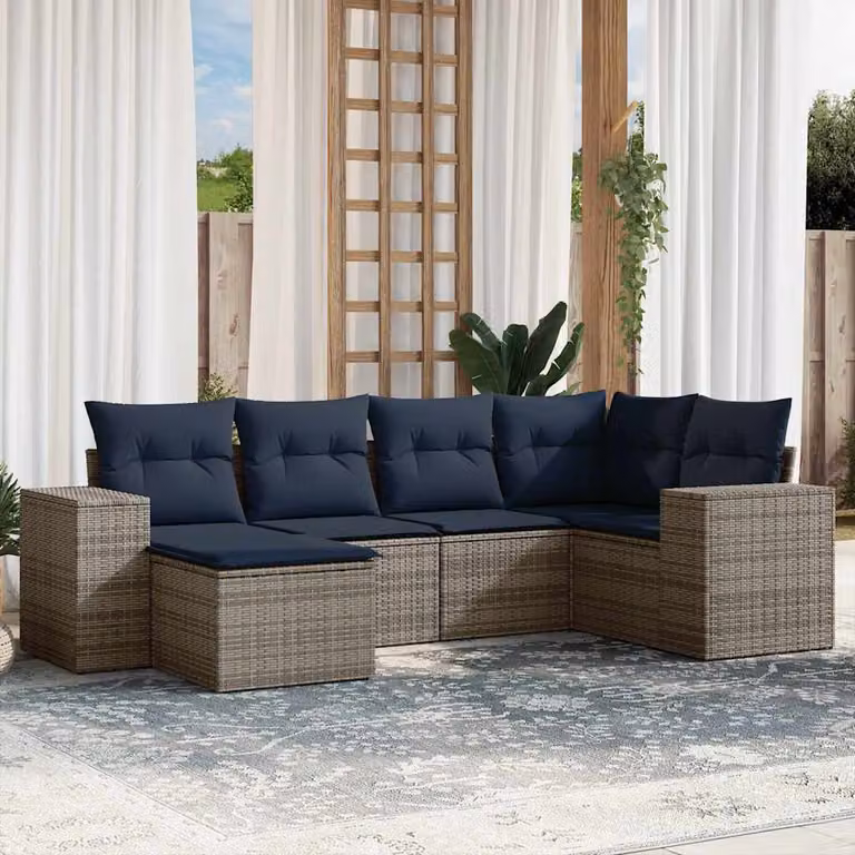 Set di divani da giardino vidaXL in polyrattan grigio con 6 pezzi e cuscini inclusi