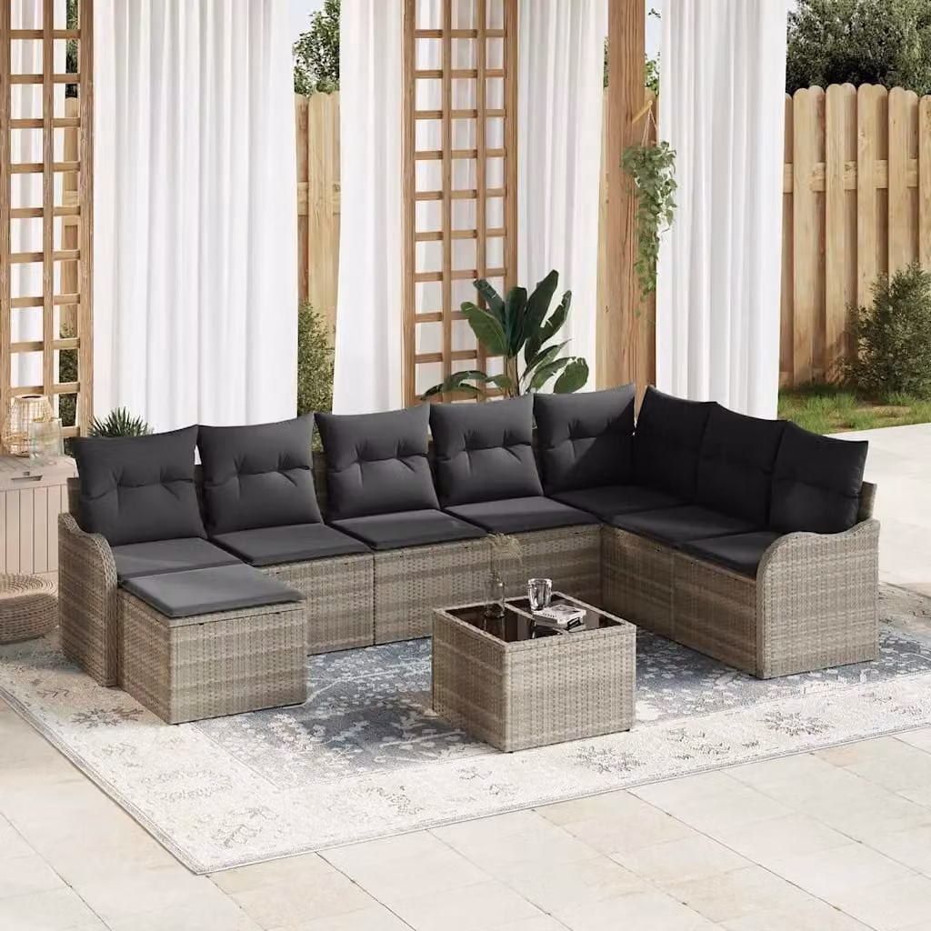 Set Divano da Giardino vidaXL 9 pz in Polyrattan Grigio con Cuscini e Tavolino da Esterno