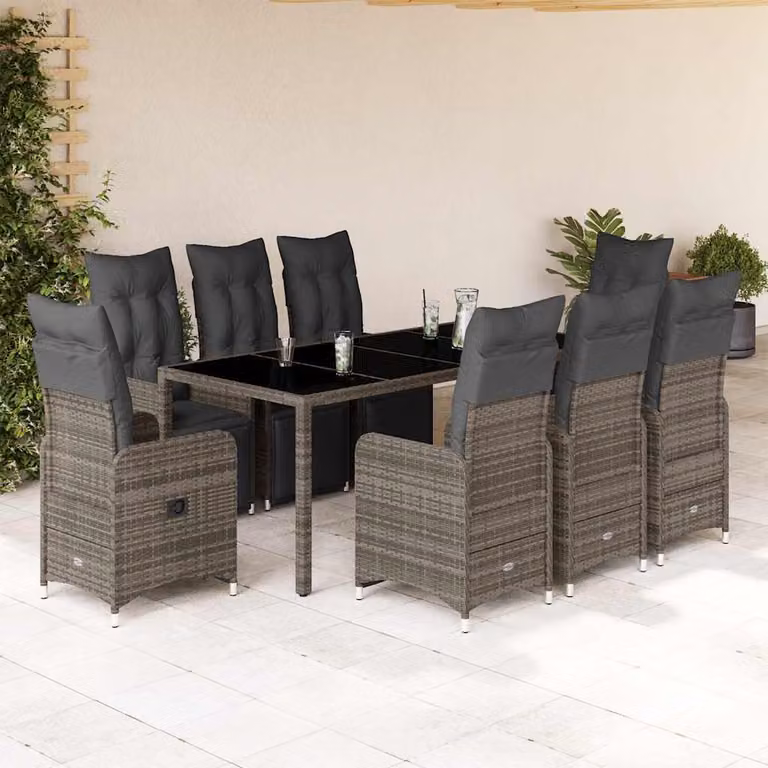 Set Bistrò da Giardino vidaXL 9 pz in Polyrattan e Metallo con Cuscini e Piano in Vetro Grigio