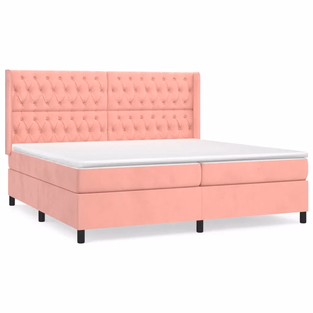 vidaXL Giroletto a Molle con Materasso in Velluto Rosa e Bianco, L/P: 200 x 200 cm – 2