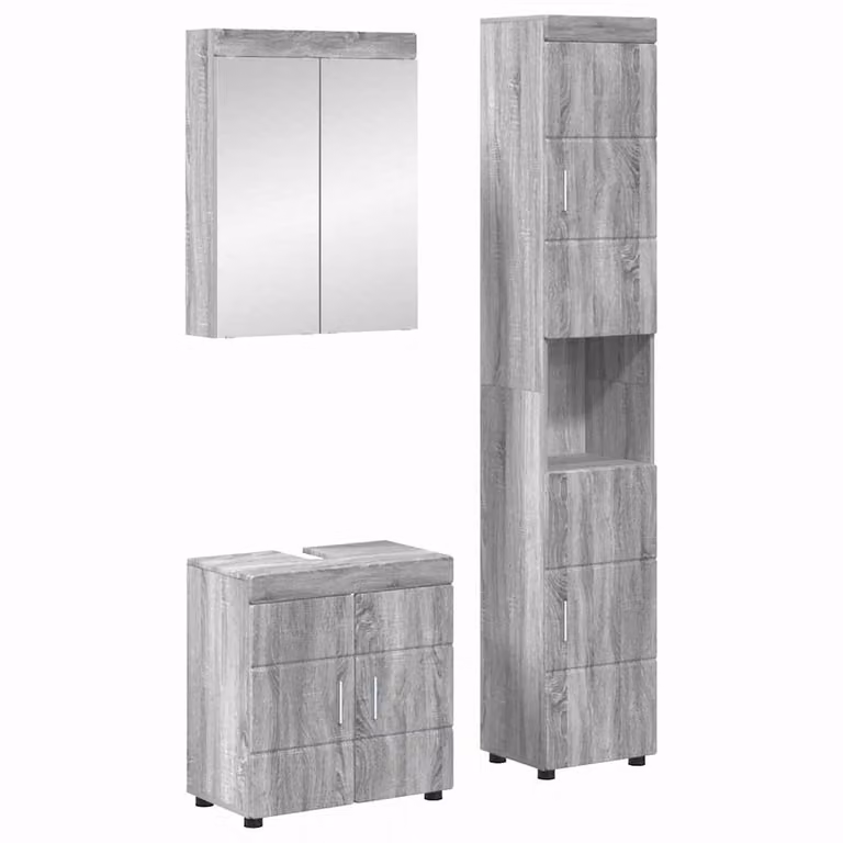 Set di mobili per il bagno vidaXL TULUM 3 pezzi Grigio Argento con mobile sottolavabo, pensile con specchio e armadietto a muro