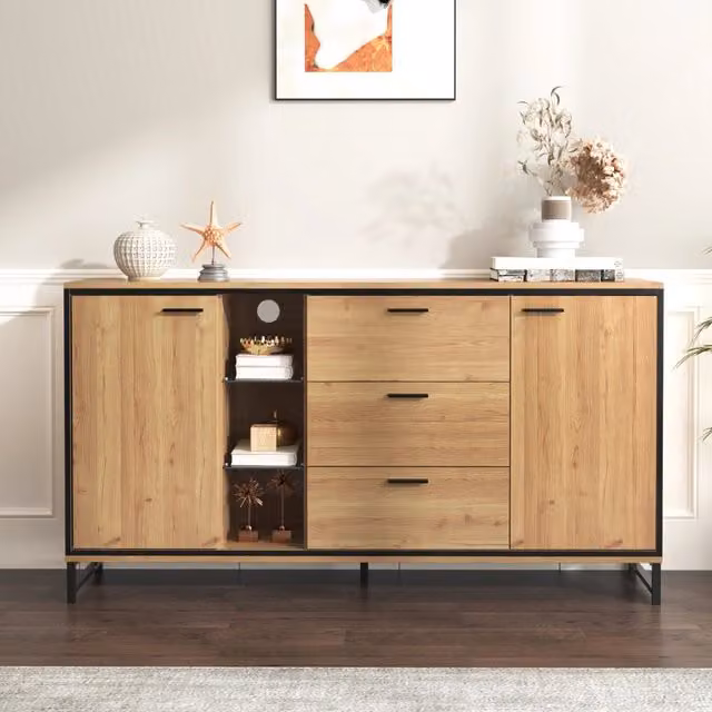 Credenza moderna legno naturale e nero 160 cm; mobile buffet con 3 cassetti; luci LED 16 colori e ripiani in vetro