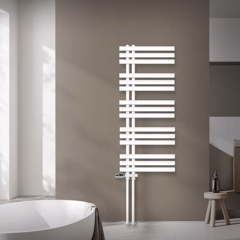 Radiatore da bagno LuxeBath Design, 500x1200 mm, bianco, set di collegamento termostatico tramite attacco a pavimento, senza elemento riscaldante