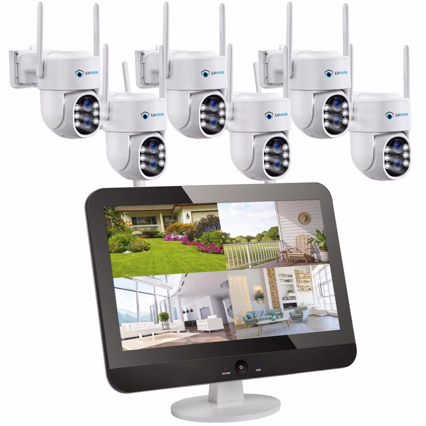 Sistema di videosorveglianza PTZ LUVISION Dual WLAN con monitor da 12,5", microfono, sirena, visione notturna, tracciamento dei movimenti tramite IA, telecamere: 6 telecamere