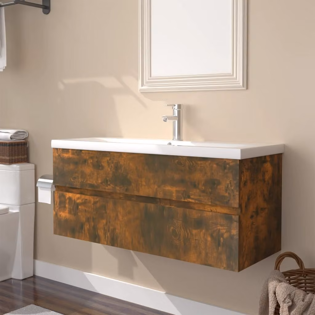 Mobiletto da bagno sospeso vidaXL con lavabo integrato in rovere fumo e bianco, design moderno con ante e cassetti
