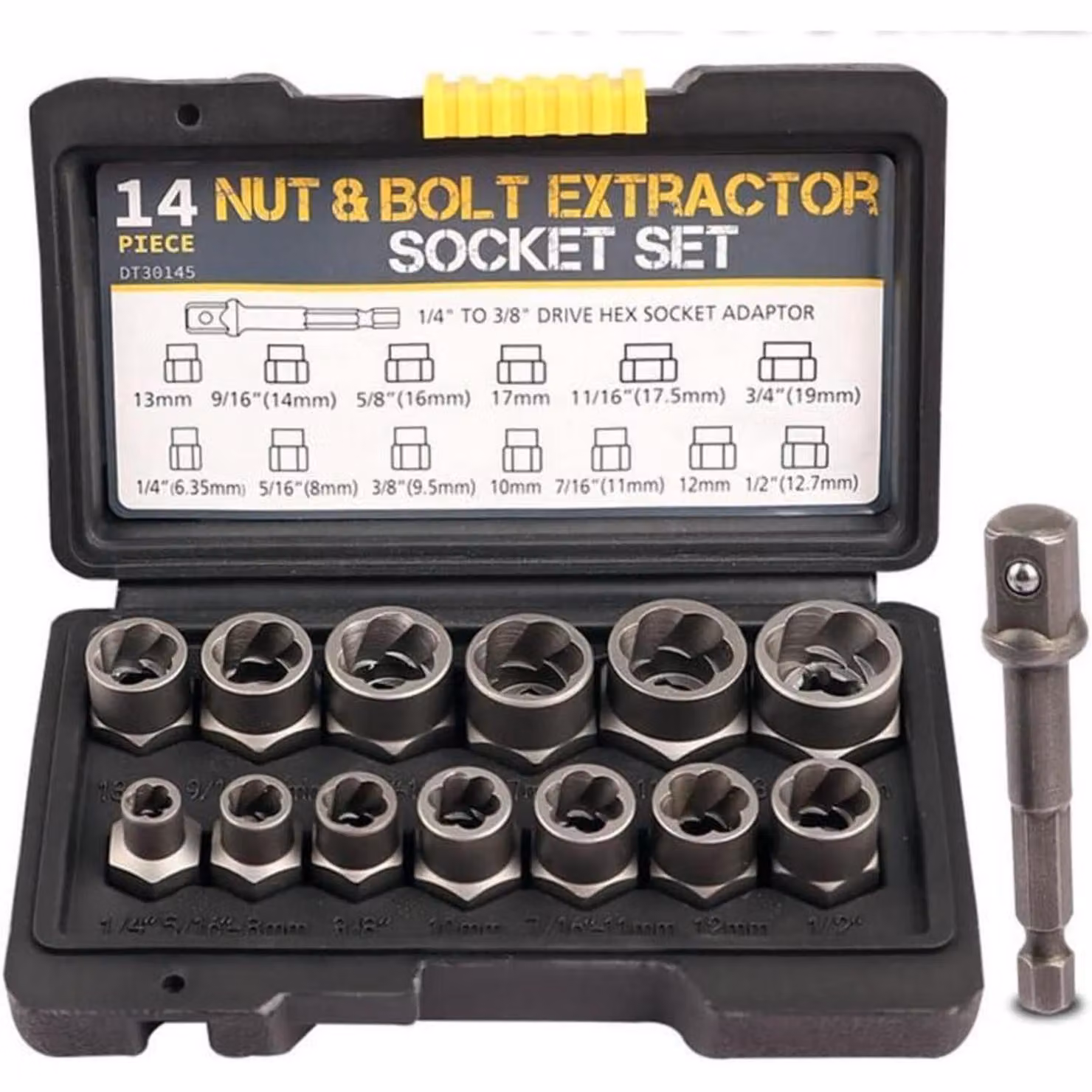 Set di estrattori per bulloni, 13 pezzi, attacco quadrato da 9,5 mm, da 6,35 a 19 mm, per la rimozione di dadi ruota, inclusi adattatori, in acciaio Cr-Mo