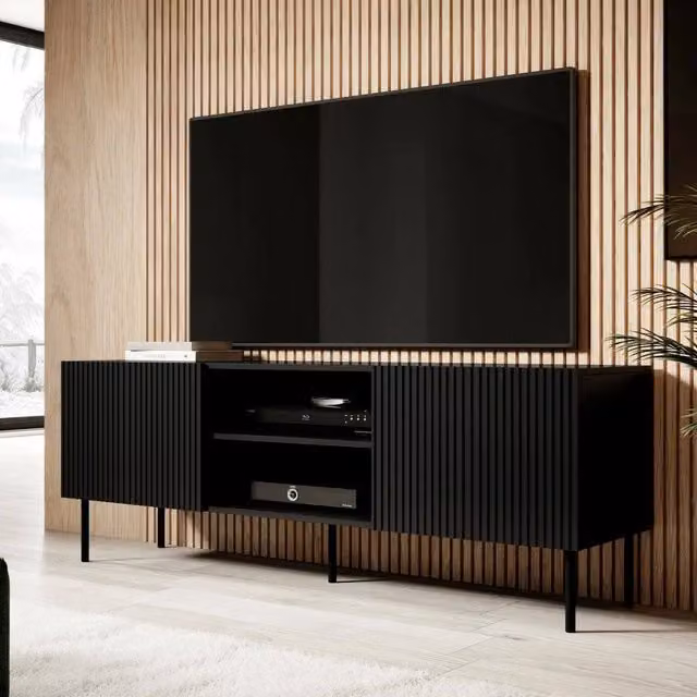 Mobile porta TV Molini, Madia da salotto con quattro ante battenti, Rialzato da terra, 150x42 h52 cm, Nero