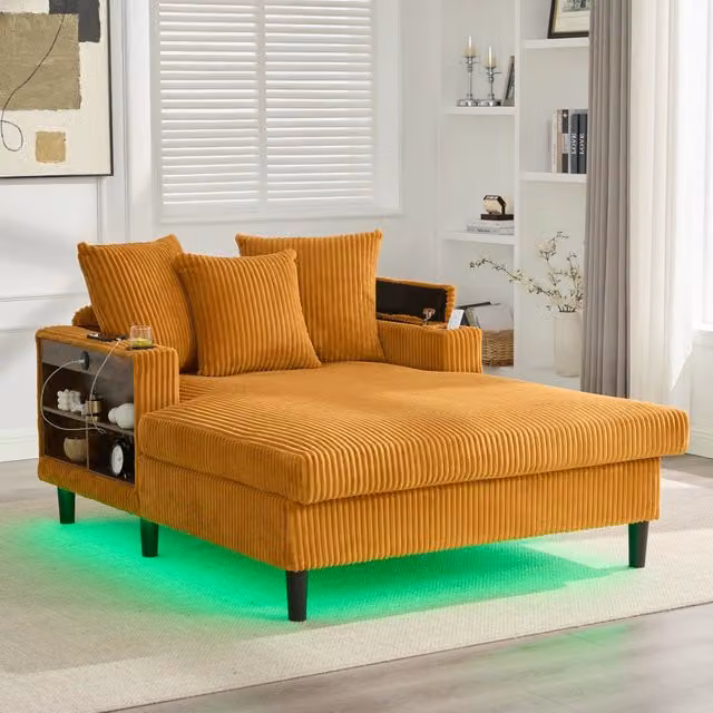 Chaise longue 129x170x70 cm con LED e porta USB in velluto a coste giallo senape